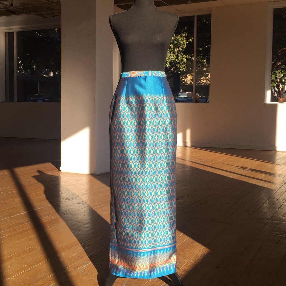 Custom made silky blue iridescent maxi skirt